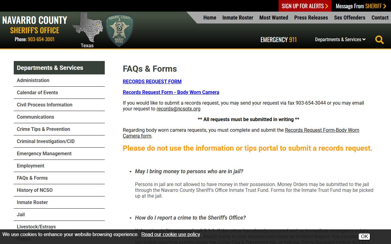 Navarro County jail mugshots public information request forms page